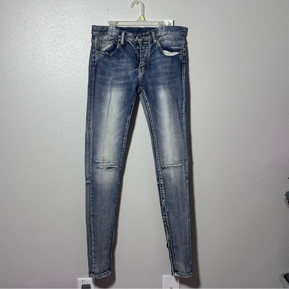 MNML Men Denim Blue Acid Wash Skinny Distressed Jeans Size 31 - Picture 1 of 9